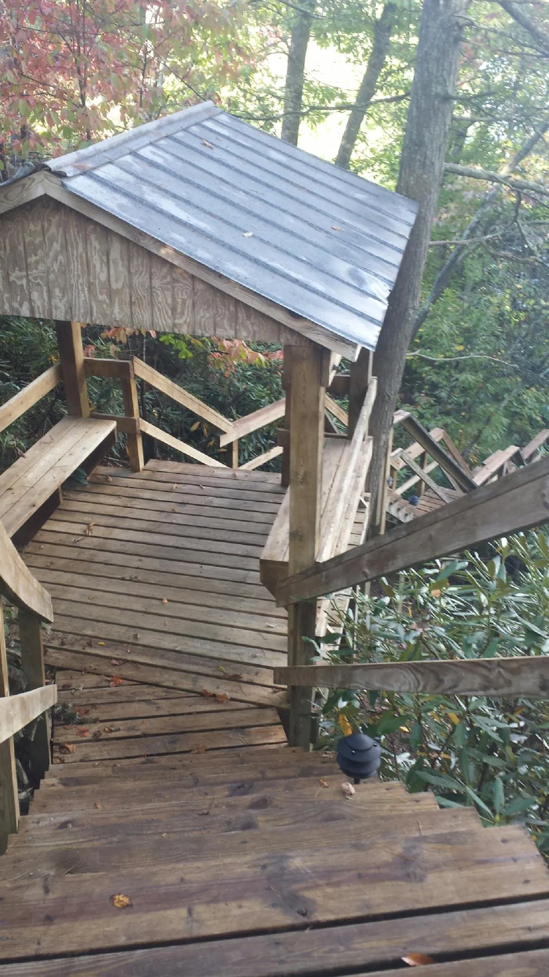 Metal roofed shelter over wooden steps on a wooded walkway — Skylight Repair & Installation work by our crew in Greenbrier